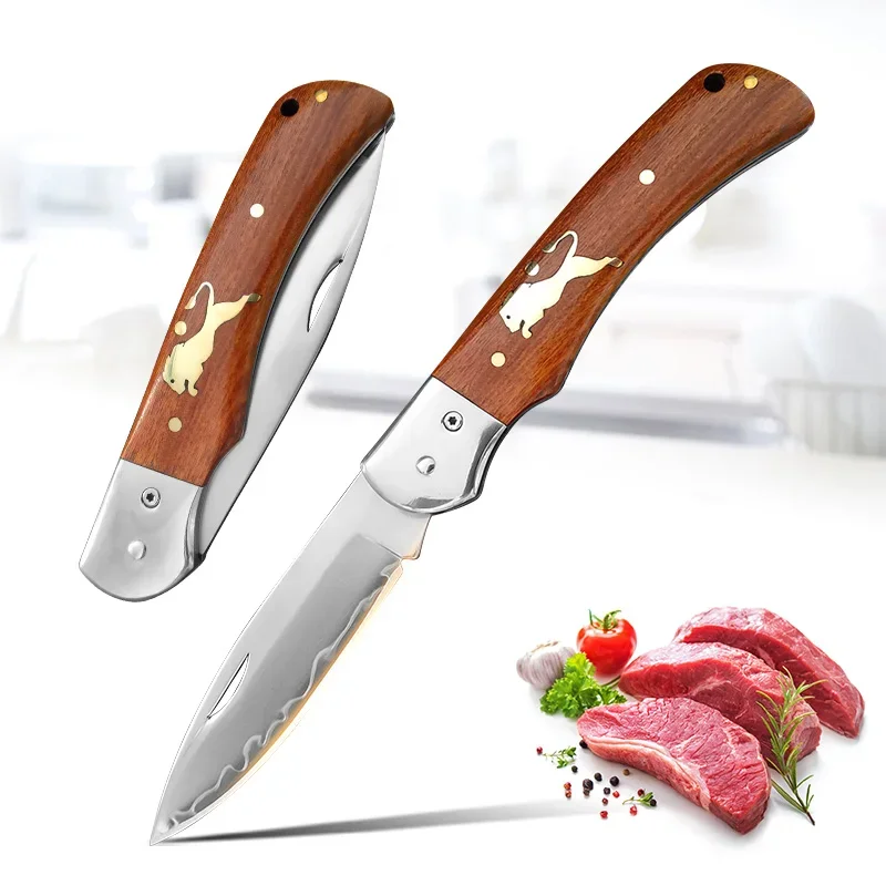 Cuchillo plegable de utilidad, cuchillo para deshuesar, cortar carne, pelar frutas y verduras, cuchillos de cocina con mango de madera de acero inoxidable, cuchillos plegables