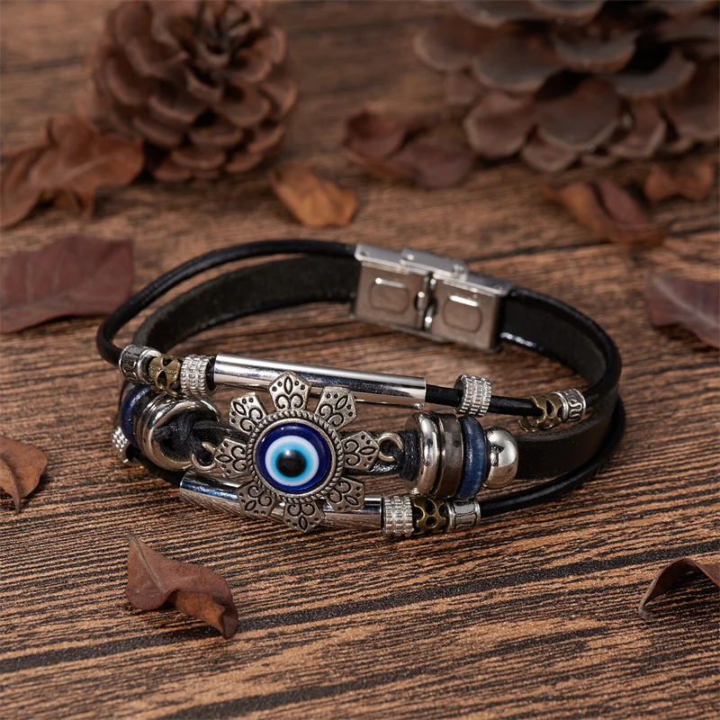 

Men Leather Bracelet Classic Fashion Evil Eye Beads Multilayer Leather Wrap Bracelet For Men Women Punk Wristband Jewelry Gifts