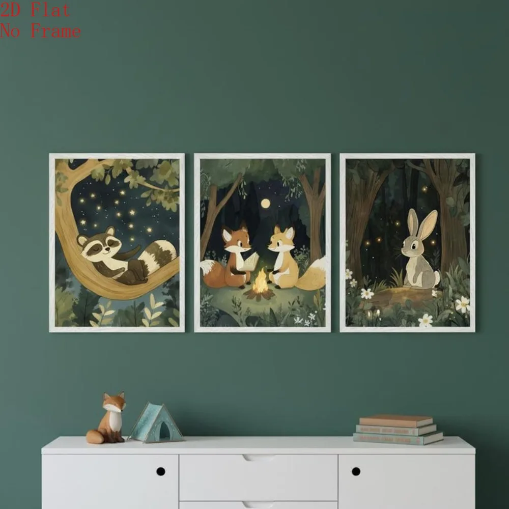 (NoFrame 3PCS)-2D Flat, 2D Flat, [2D Flat] 3pcs (Canvas Poster Unframed) Woodland Forest Animal Nursery Decor, Night Campfire