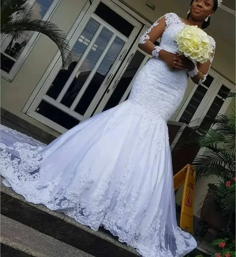 Vestido de novia de sirena trompeta con ilusión blanca pura personalizado para mujer africana con tren desmontable