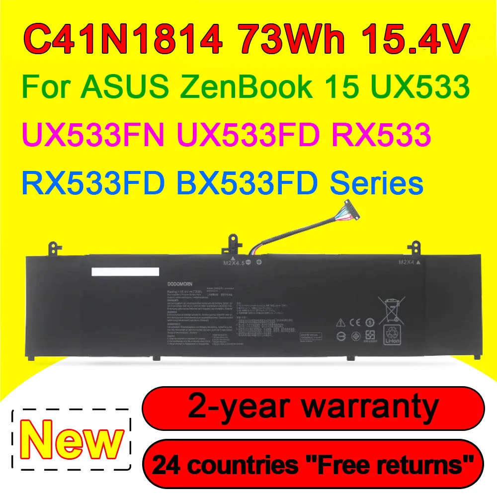 C41N1814 Laptop Battery For ASUS ZenBook 15 UX533 UX533FD UX533FN RX533 RX533FD BX533FD Series 4ICP4/73/110 15.4V 73Wh 4800mAh