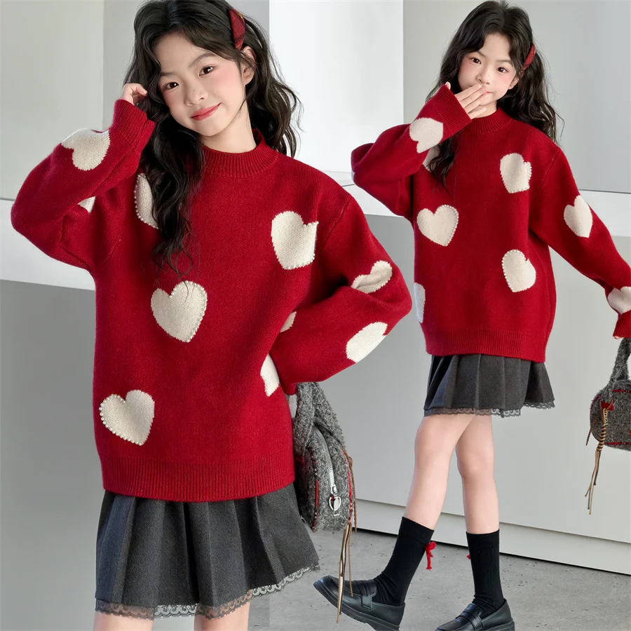 

Stylish Child Spring Knit Clothes Kids Red Color Sweater with Hearts Pattern for Teen Girl Fashion Casual Pearl Knitwear Outfit