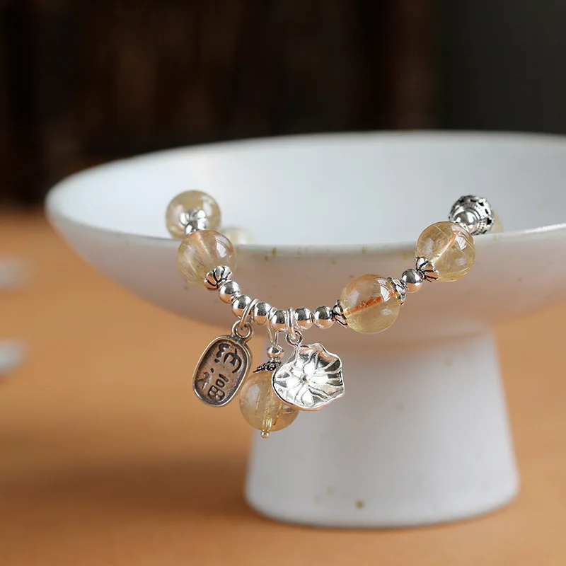 Natural Blonde Rutilated Quartz For Women S Silver Lotus Tassel High-End Crystal Bracelet
