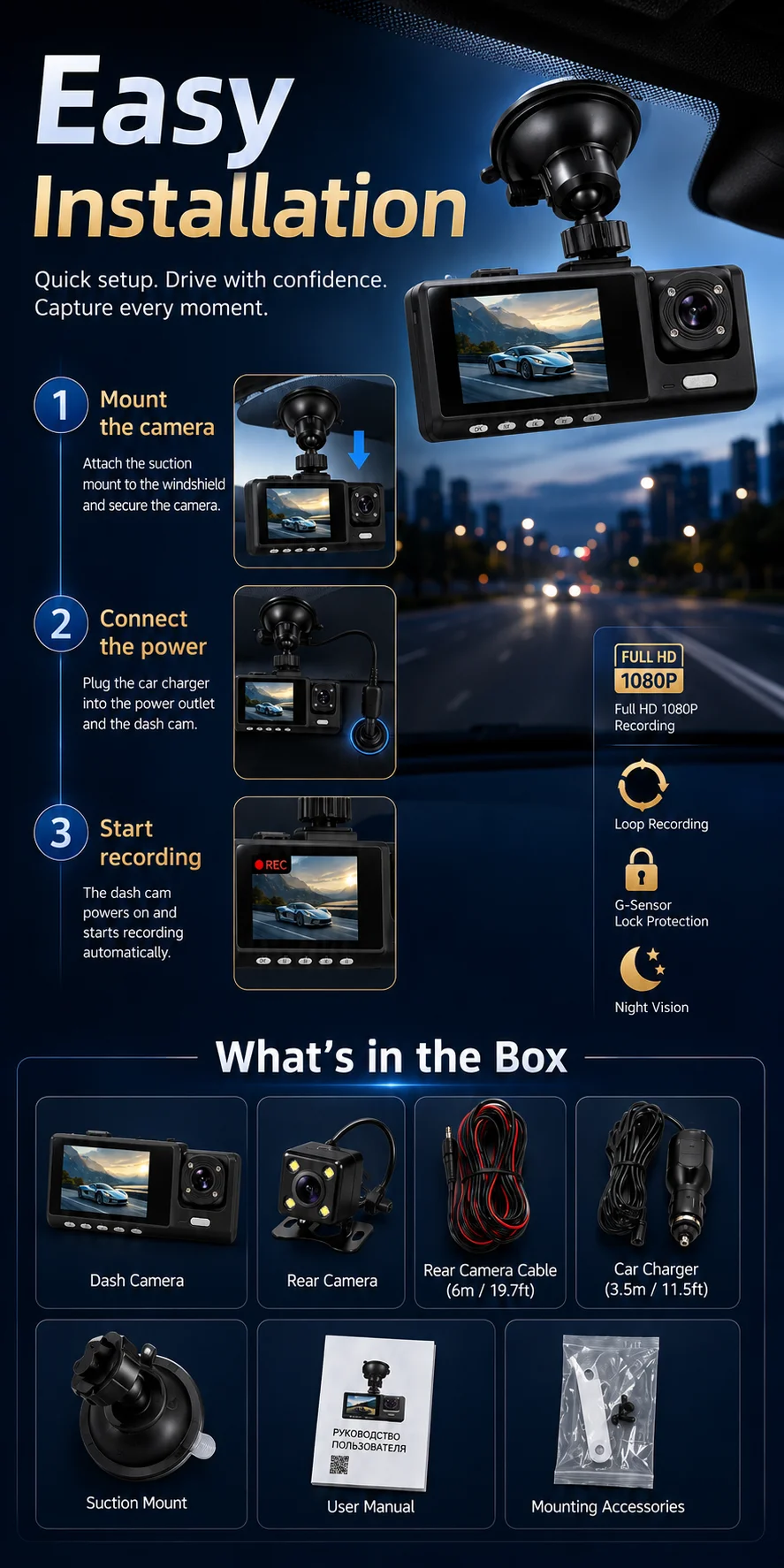 3 Channel Dash Cam 1080P Front Rear Inside Camera 170 Degree Wide Angle Night Vision Loop Recording G-Sensor Rear Camera Car DVR