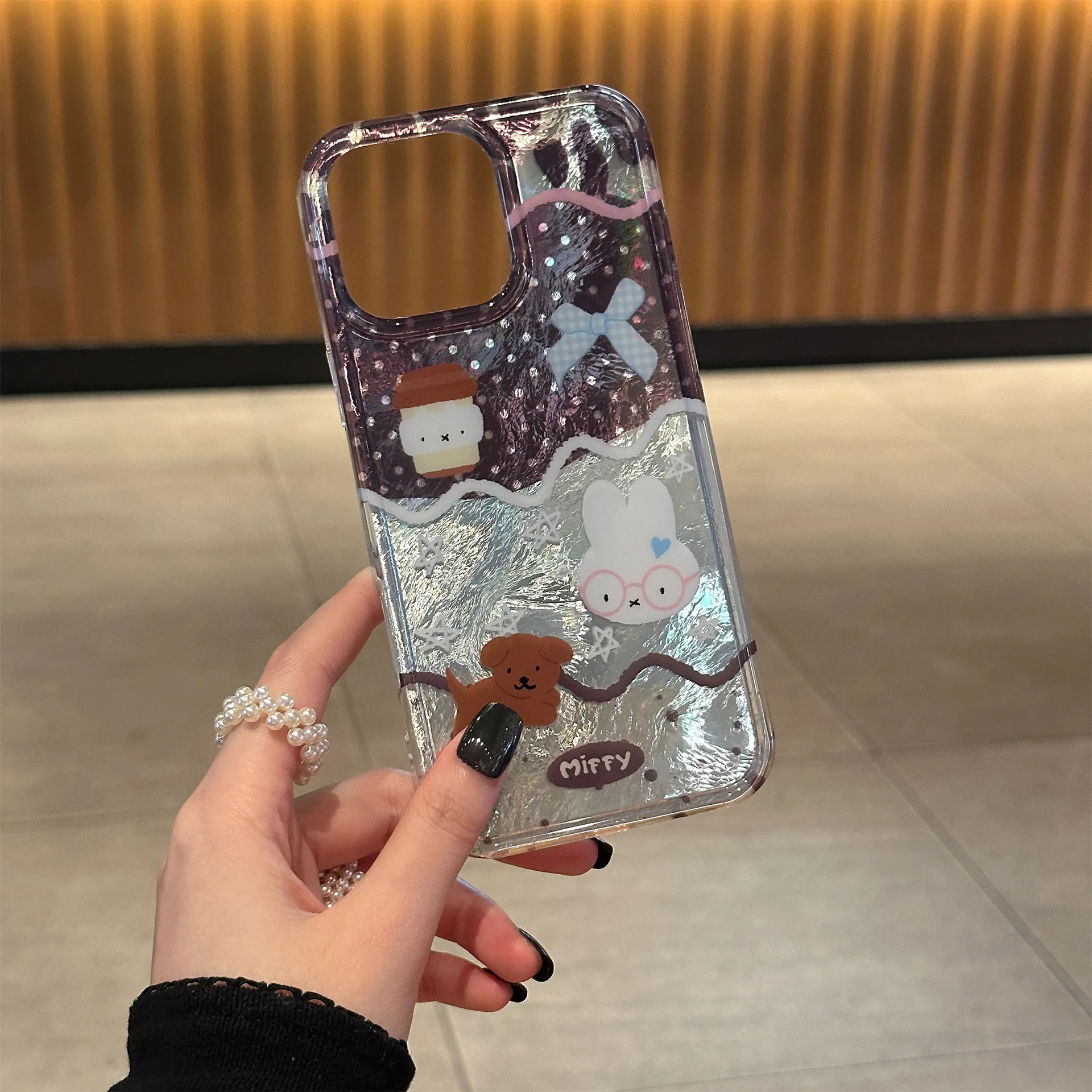 Miffy Bunny Cartoon Rabbit Glitzernde Handyhülle Niedliche Tiermode Handyhülle Kawaii Trendy Miffy Perlen Charm Handyhülle