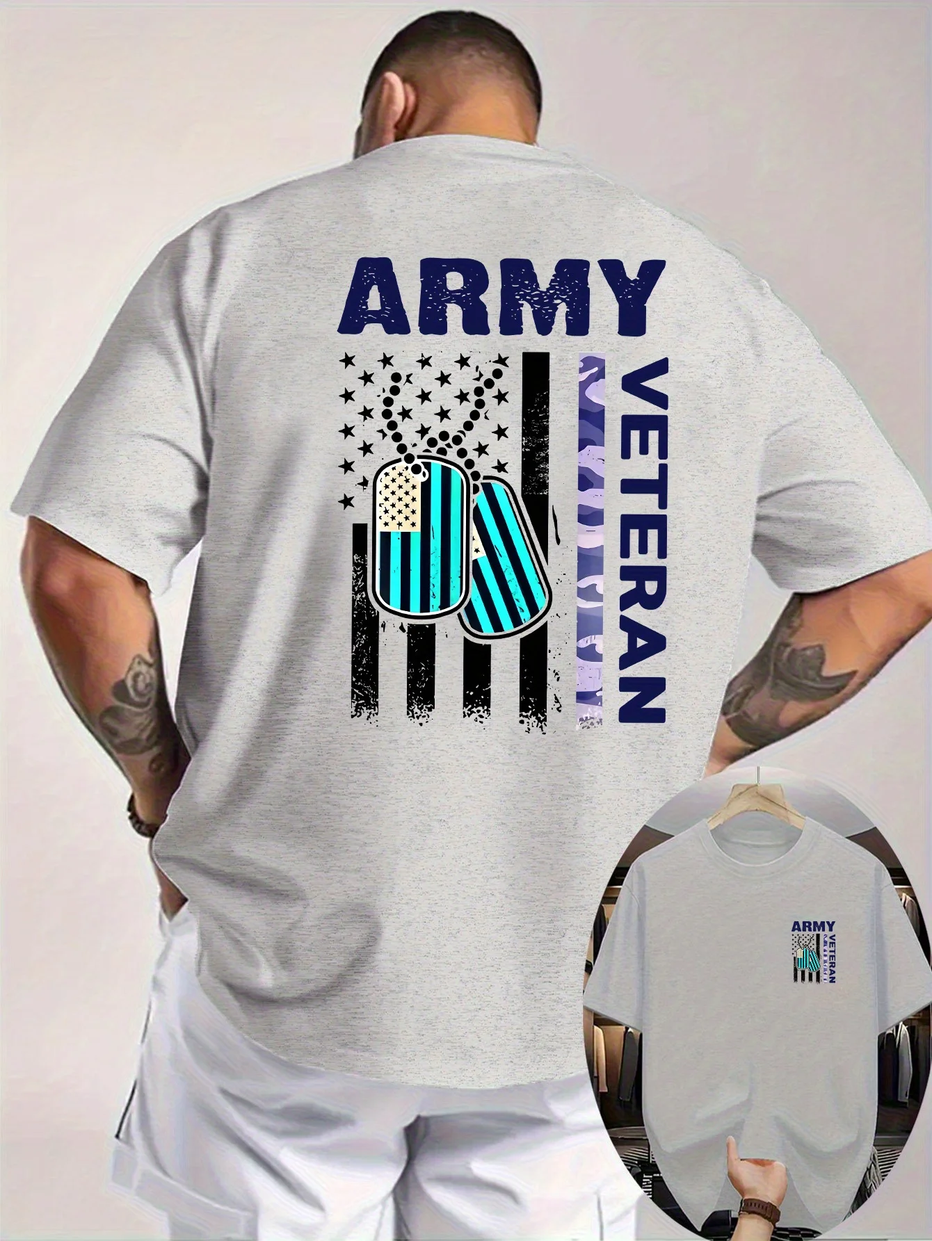 American Flag & Dog Tag Graphic Military Veteran T-Shirt 100% Cotton O-Neck Short Sleeve Summer Casual Mens T-shirt Streetwear