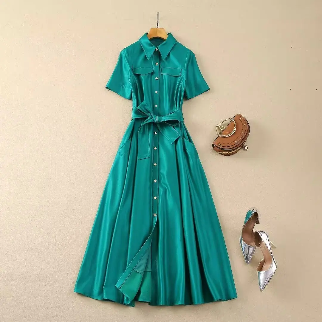 European and American women's clothes 2024 spring new Short-sleeved lapel green single-breasted belt Fashion pleated dress XXL