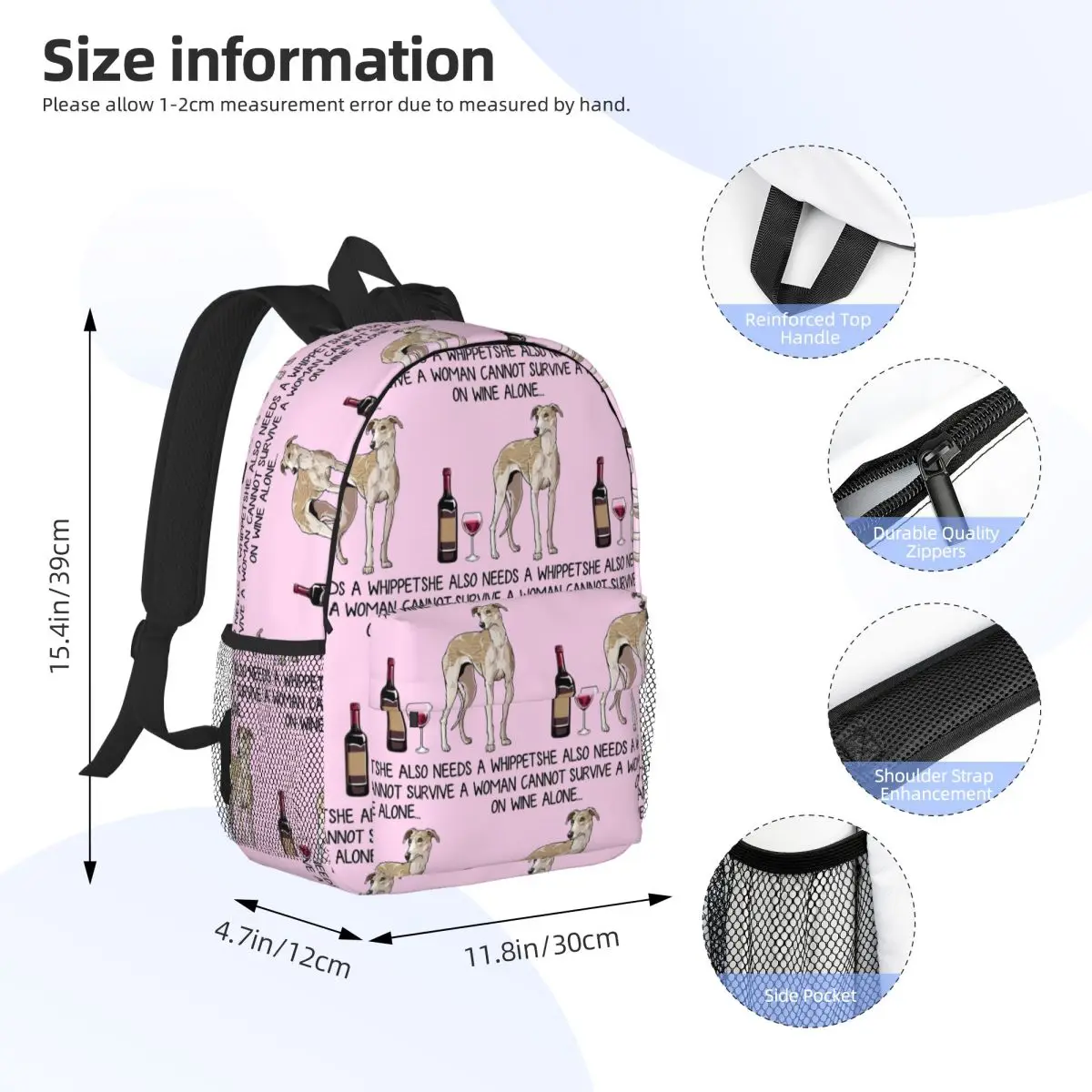 Whippet Dog And Wine Funny Gift For Dog Mom Backpack Student Boys Girls BookBag Men Women School Bag Computer Shoulder Bags