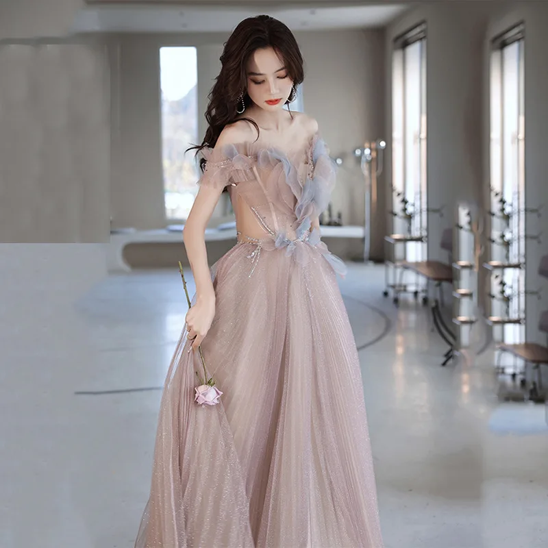 

Fashion Pink Off Shoulder Evening Dresses 2022 Robe De Soirée Women Long A Line Tulle Formal Party Dress Vestito Da Festa