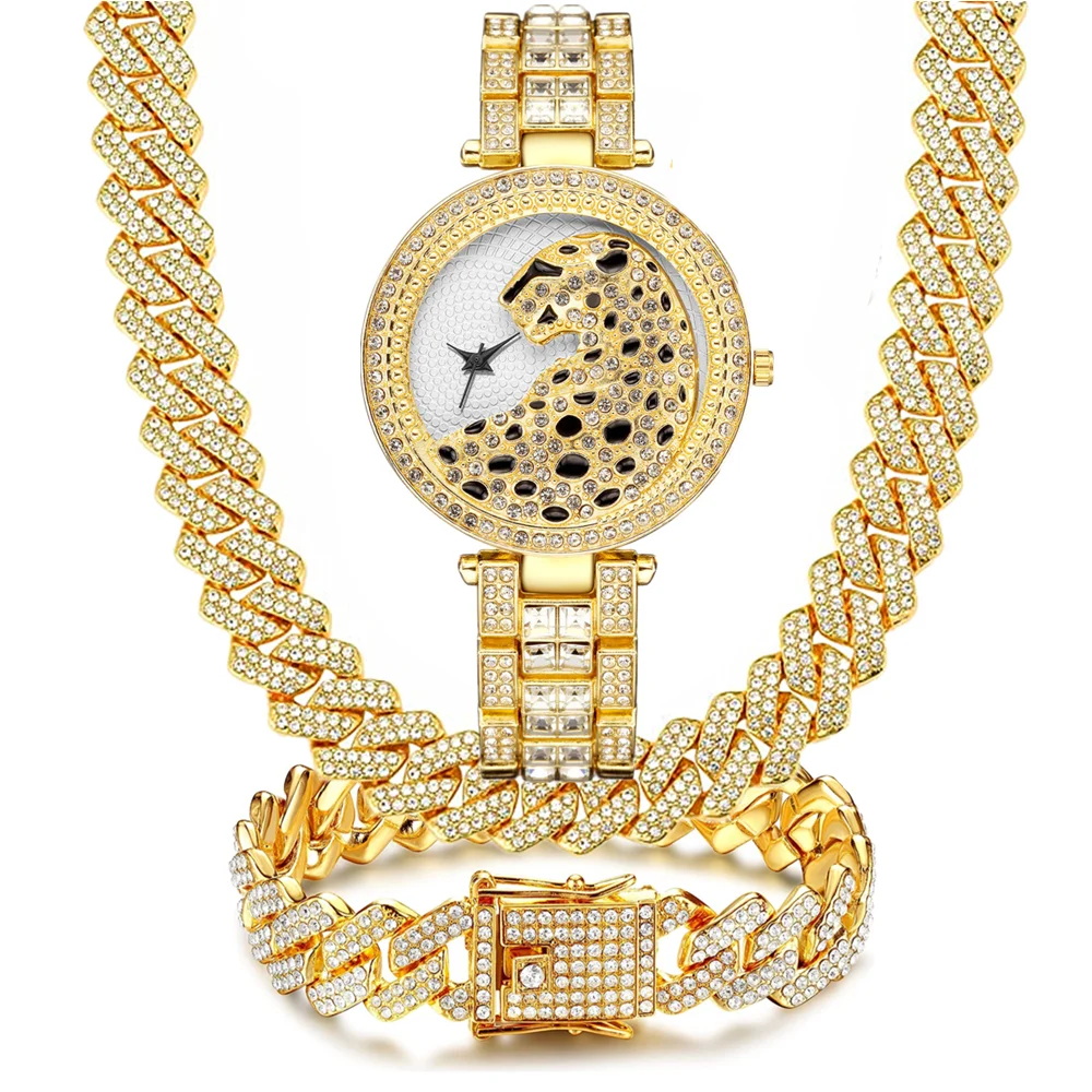 

3PC Luxury Watch Necklace Bracelet Jewelry Set for Women Bling Gold Silver Diamond Iced Out Cuban Chain Gifts Reloj De Hombre