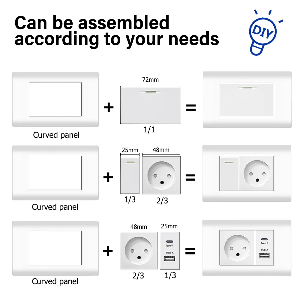 EIOMR-enchufe de corriente estándar de Israel con carga rápida USB-A USB-C, interruptor, Panel de PC ignífugo curvo, toma de corriente de pared