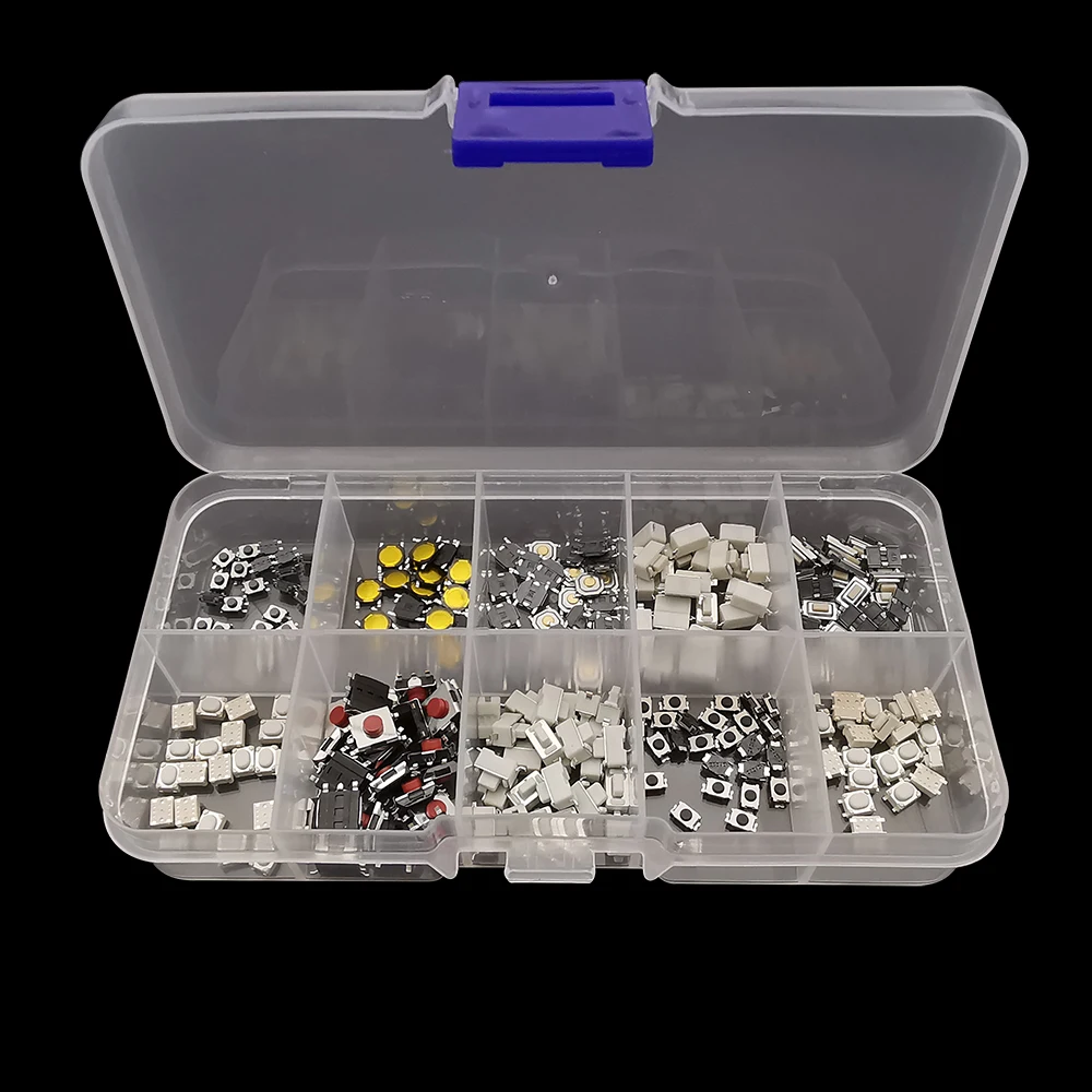 250Pcs Micro Tactile Tact Push Button Switch Assorted Kit 2P 4 Pin SMD PCB Momentary Self-reset Car Remote Control Switch Repair