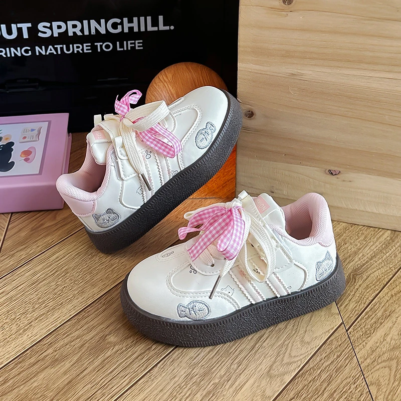 Girls Cute Cat Sneakers Kids Pink Plaid Bow Casual Shoes Lace-Up Non-Slip Walking Shoes Toddler/Little Girl Fashion Daily Wear