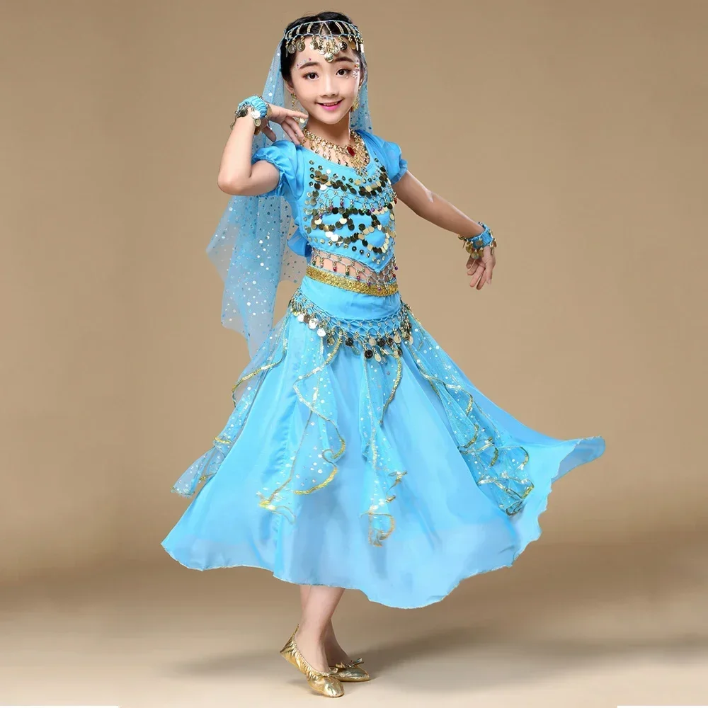 ชุดเต้นระบำหน้าท้องแบบตะวันออกสำหรับเด็ก ชุดเต้นระบำหน้าท้องสำหรับเด็กผู้หญิง ชุดฝึกซ้อมและแสดงแบบอินเดีย บอลลีวูด 6 ชิ้น/ชุด H017