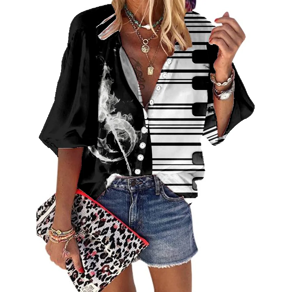 Primavera Retro Music Note 3D Print Shirt Summer Fashion Women Y2k top Trendy Casual oversize camicetta Street Harajuku top elegante