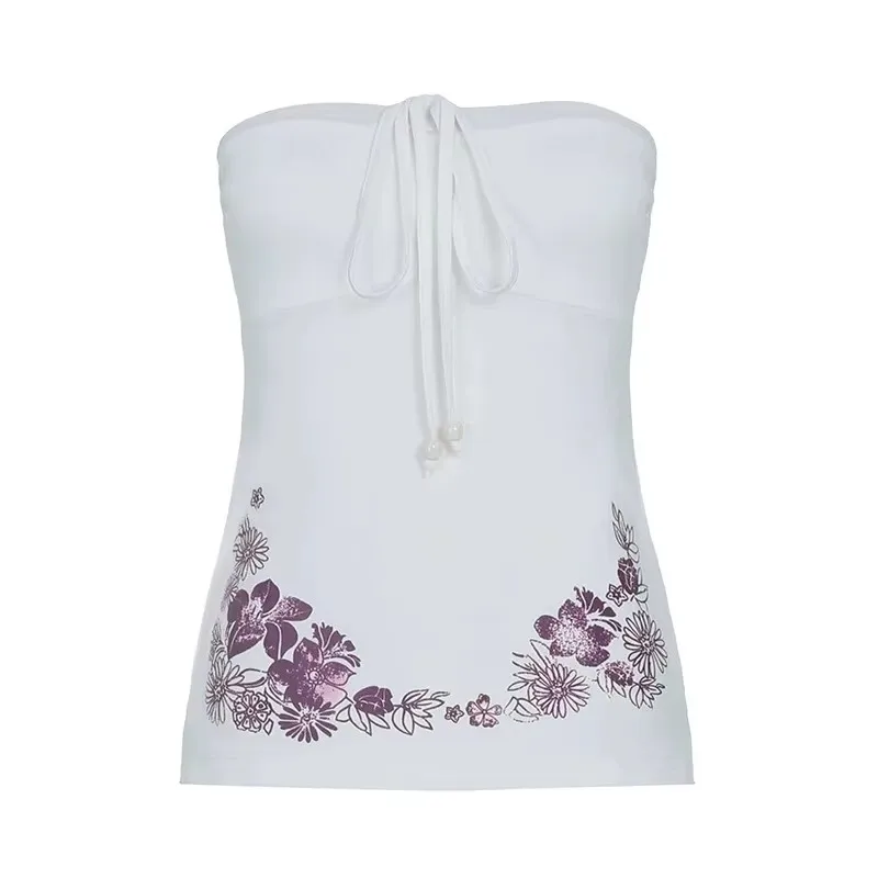 Summer vacation style women's strapless camisole top with bow tie and lace up print, fashionable strapless vest image 6