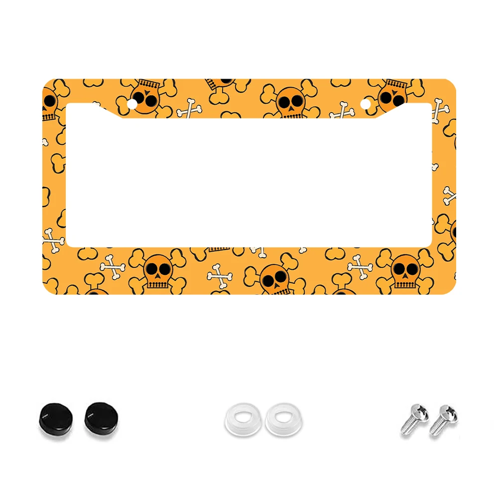 

1pc Orange Skull Pattern 2-Hole License Plate Frame Aluminum Material 6x12 Inches with Screw Set Retro Novelty Car Decoration G