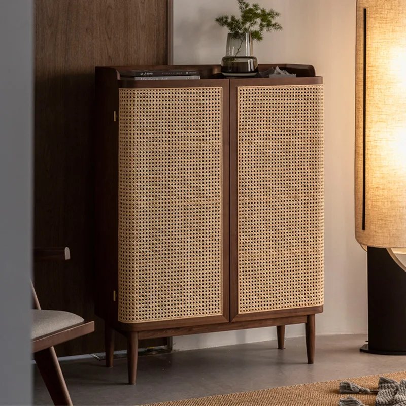 Nordic solid wood shoe cabinet, living room home storageshoe rack, simple storagelocker at home door, rattan entrancecabinet