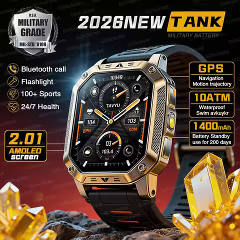 2026 TANK New 1400mAh Military GPS Smart Watch Men 2.01" AMOLED Screen 10ATM Waterproof Clock SOS Call Flashlight Smartwatch iOS"