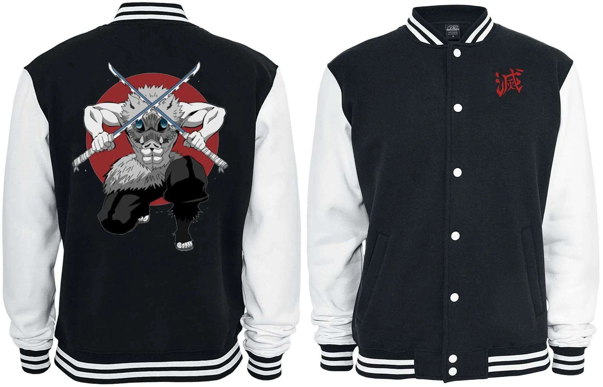 

Мужская аниме-куртка Kimetsu No Yaiba Inosuke Hashibira, черно-белая бейсбольная куртка с красным кругом и принтом с двумя мечами на спине