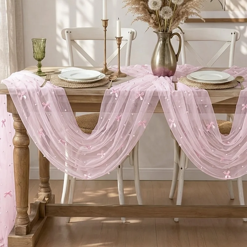 1pc Decorative Tulle Table Runner with Satin Bows & Pearls, for Banquet, Baby Shower & Party Layout