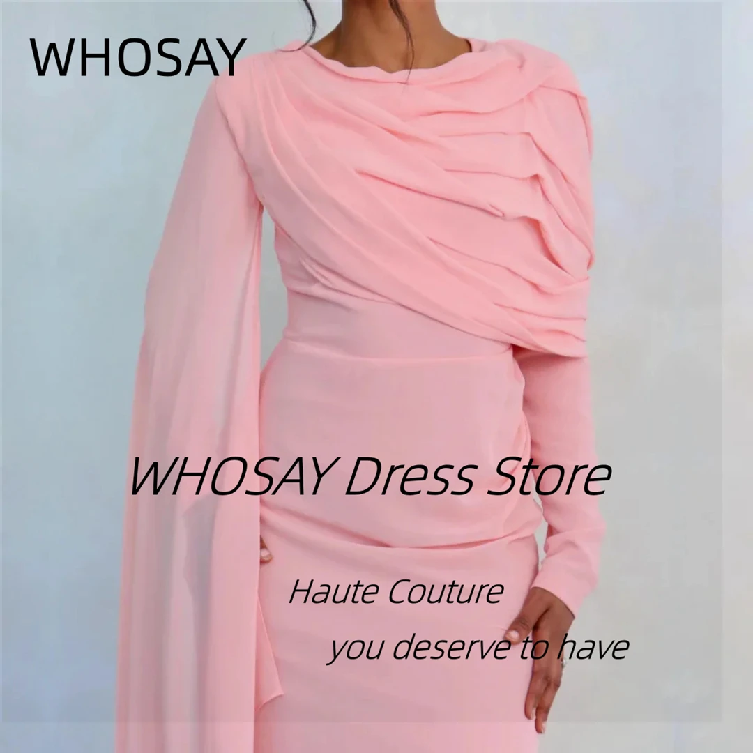 WHOSAY-vestidos de noche personalizados con cuello redondo, chales fruncidos, vestido de fiesta de manga larga con cremallera en la espalda, vestido especial para banquete saudí para mujer