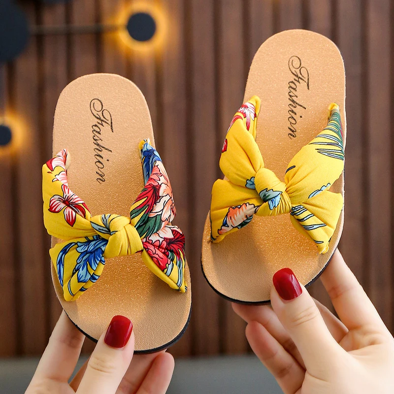 2-9Y Kids Girls Flat Heel Slippers Soft Sole Non-slip Bohemian Bow Dots Princess Slide Sandals Summer Beach Baby Slippers Shoes