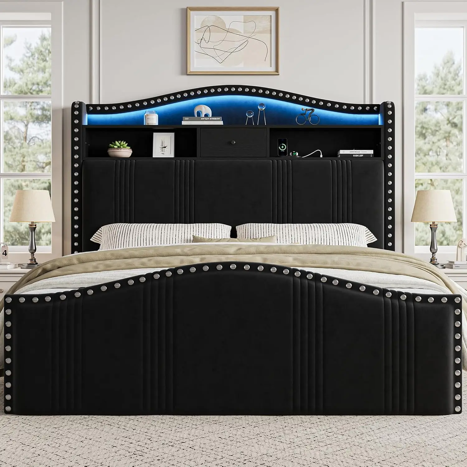 Velvet Queen Bed Frame with Headboard Storage LED Lights Charging Station No Box Spring Tall Footboard 51.5