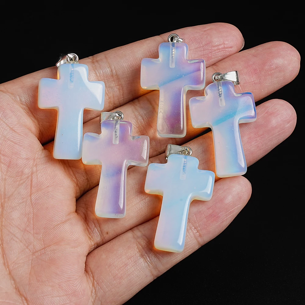 1Pcs Opal Opalite Stone Cross Pendant Beads 32X21X7MM With Hole For Jewelry Making Diy Necklace Bracelet Accessory