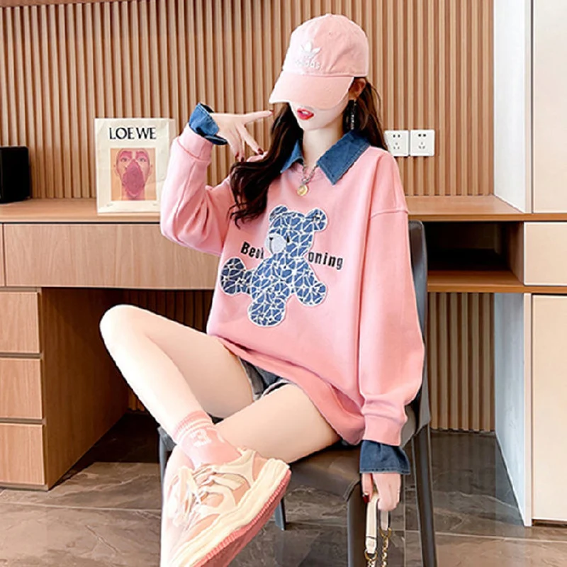 Fashion Spliced Cartoon Sequined Sweatshirts Female Clothing 2023 Autumn Winter Loose Casual Tops Fake Two Pieces Sweatshirts