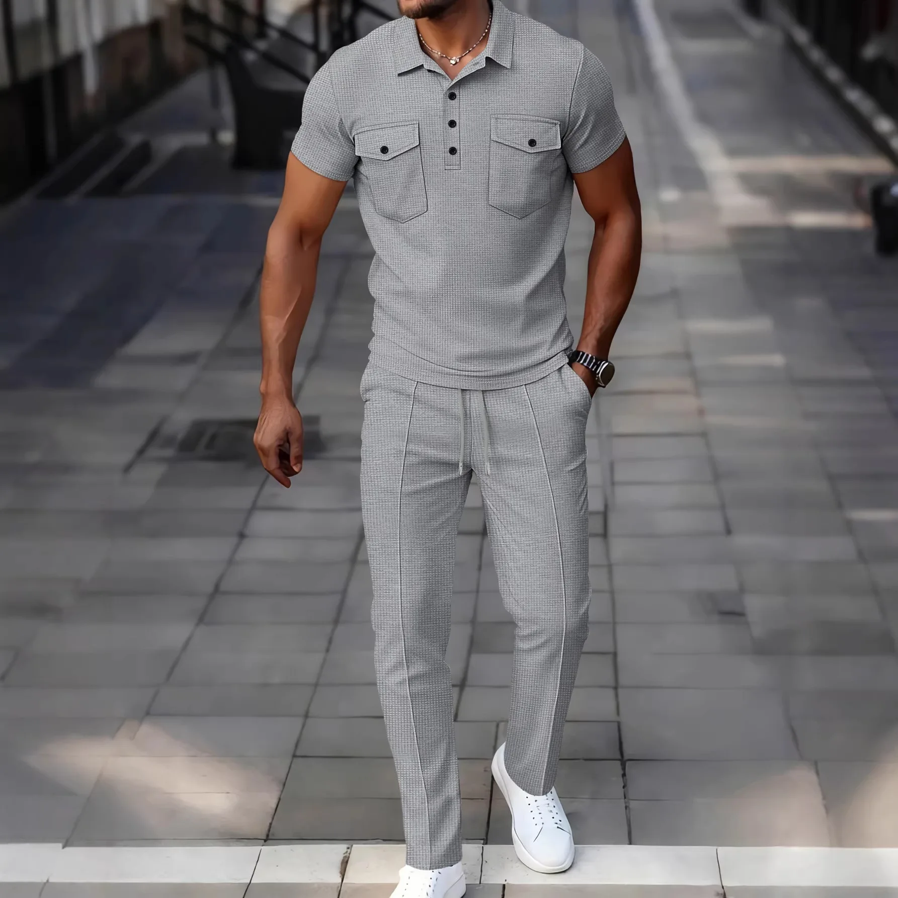 Summer Men Solid Waffle Knit 2‑Piece Set Lapel Button Polo Shirt Double Pocket Drawstring Straight Trousers Casual Daily Outfit