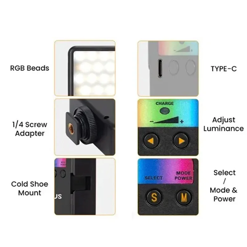 المحمولة كامل اللون RGB LED الفيديو الضوئي 2500K-7000K 800LUX البسيطة ملء 3 الحذاء البارد 1800mAh نوع C كاميرا الجيب الحذاء الساخن الخفيفة