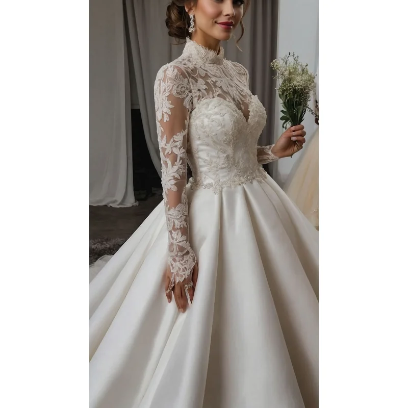 Customized 2026 New Woman White Elegant High Collar Lace Satin Long Sleeve Skirt Wedding Dress Vestido De Noiva