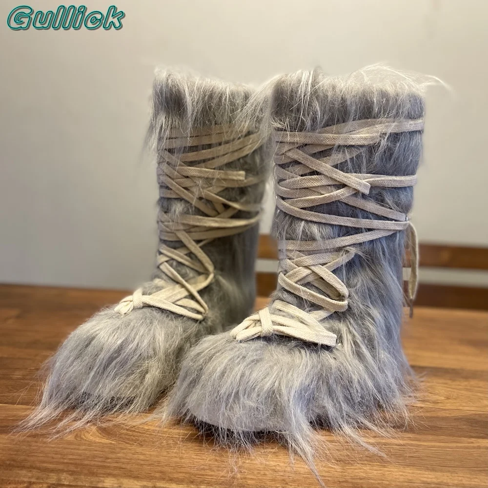 

Stylish Long Fur Lace Up Ankle Boots Round Toe Cross Strap Flat With Cover Heel 2024 Winter Fashion Women Boots