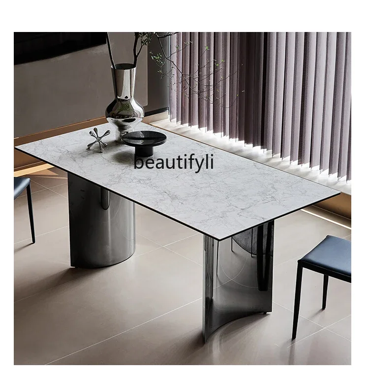 

Italian Luxury Stone Pattern Stone Plate Dining Table and Chair Dining Room Light Luxury Household Rectangular Dining Table