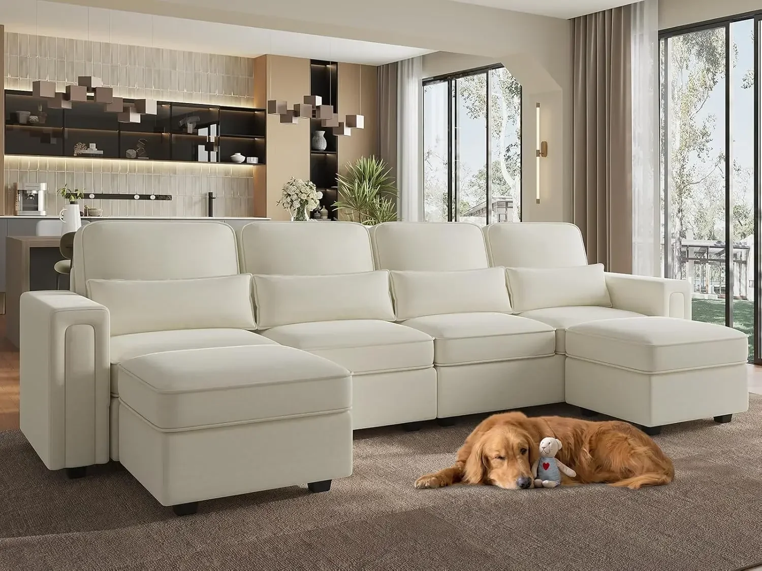 

Modular U Shaped Sofa w/ Storage Velvet Sectional Couch w/ Reversible Chaise & Ottoman for Living Room Convertible Sofa, Beige