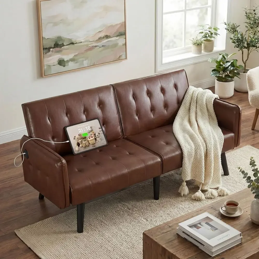 Mid-Century Modern Leather Sleeper Sofa with USB Ports, Suitable for Living Room, Bedroom, or Office, Brown