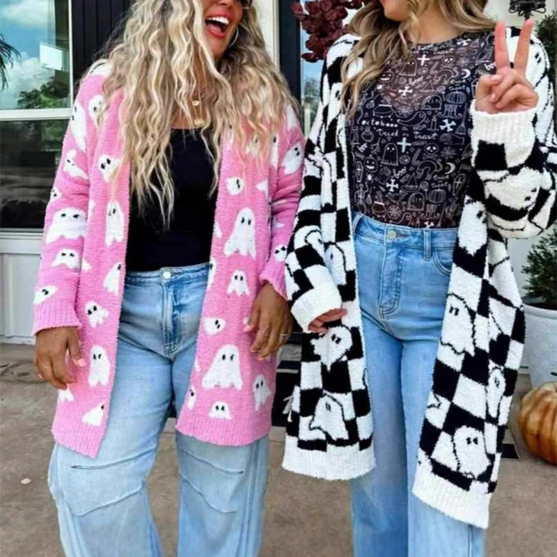 

Женское повседневное свободное вязаное пальто с длинным рукавом, осенне-зимняя модная уличная куртка-свитер, элегантный кардиган с призрачным узором на Хэллоуин