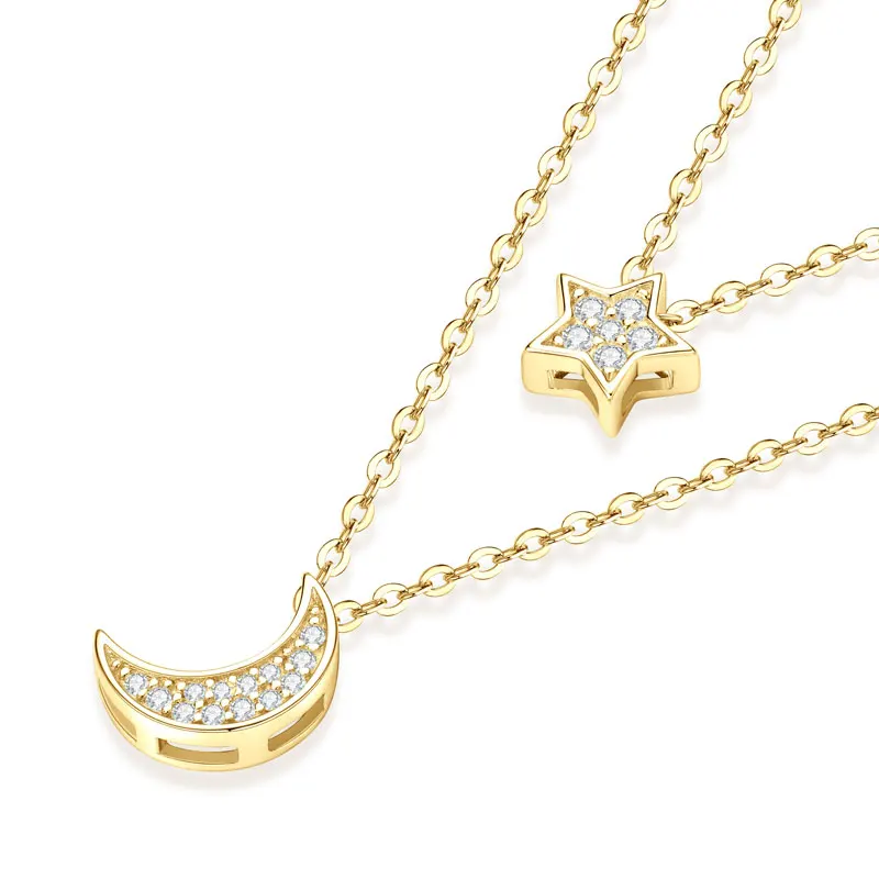 

RAPRGOLD GRA сертифицированное муассанитовое ожерелье со звездой и луной, двойная цепочка для женщин, ожерелья из стерлингового серебра S925, ювелирные изделия, подарки