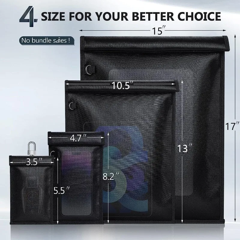 Fireproof Waterproof Car Key Shielding Pouch Black Faraday Bag Blocking RFID Case for Phone Tablet Anti-tracking GPS Positioning