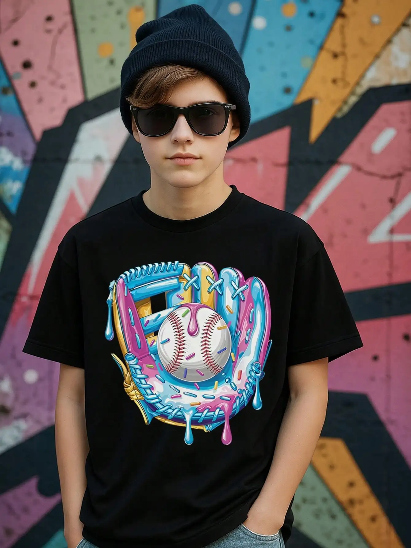 

Tween Boys Baseball Cotton Graphic Tees, Black Vibrant Design Summer Tops With Colorful Baseball Artwork