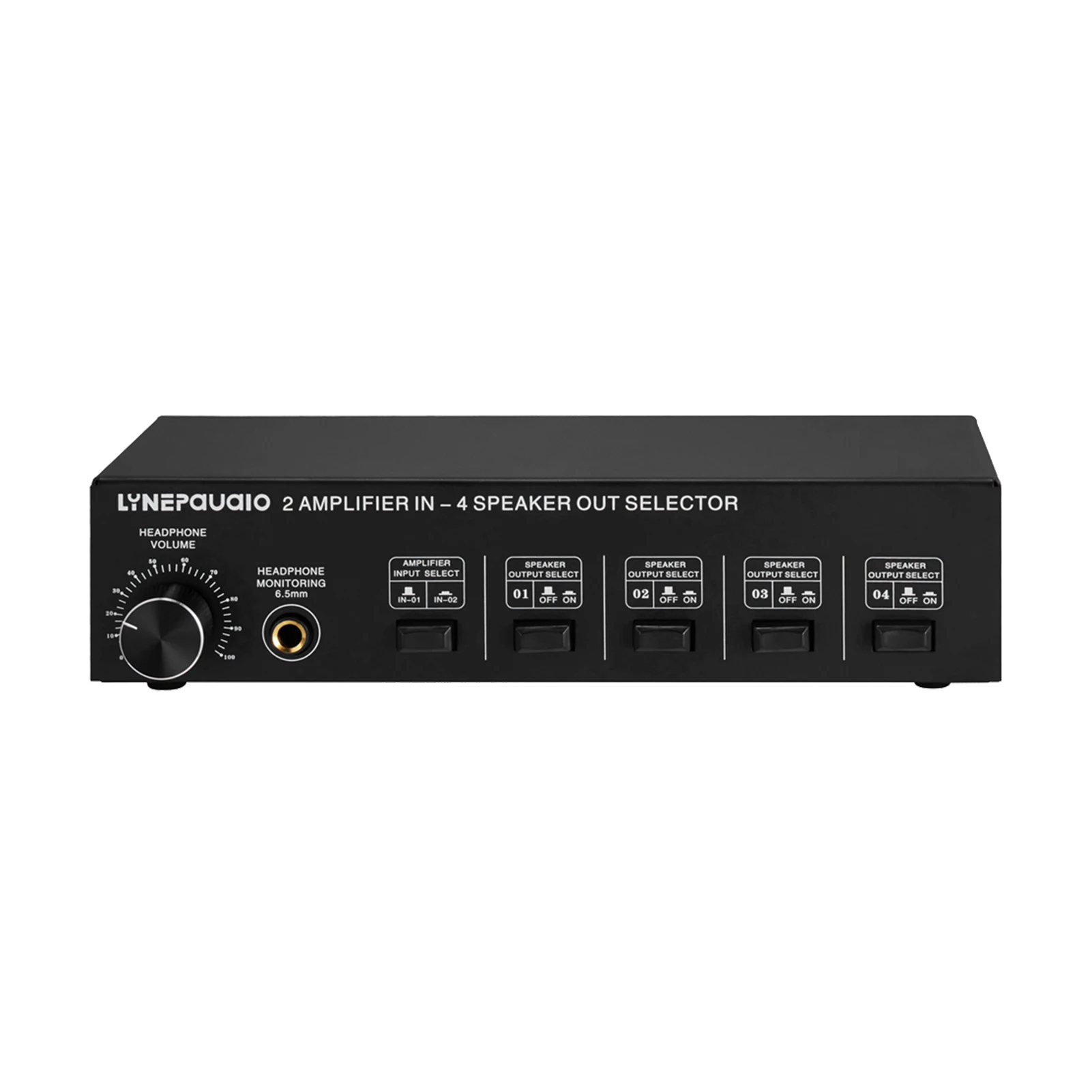

LYNEPAUAIO 2 in 4 Out Speaker Selector Switch Box 4 Zone Amplifier and Speaker Selector with 6.5mm Earphone