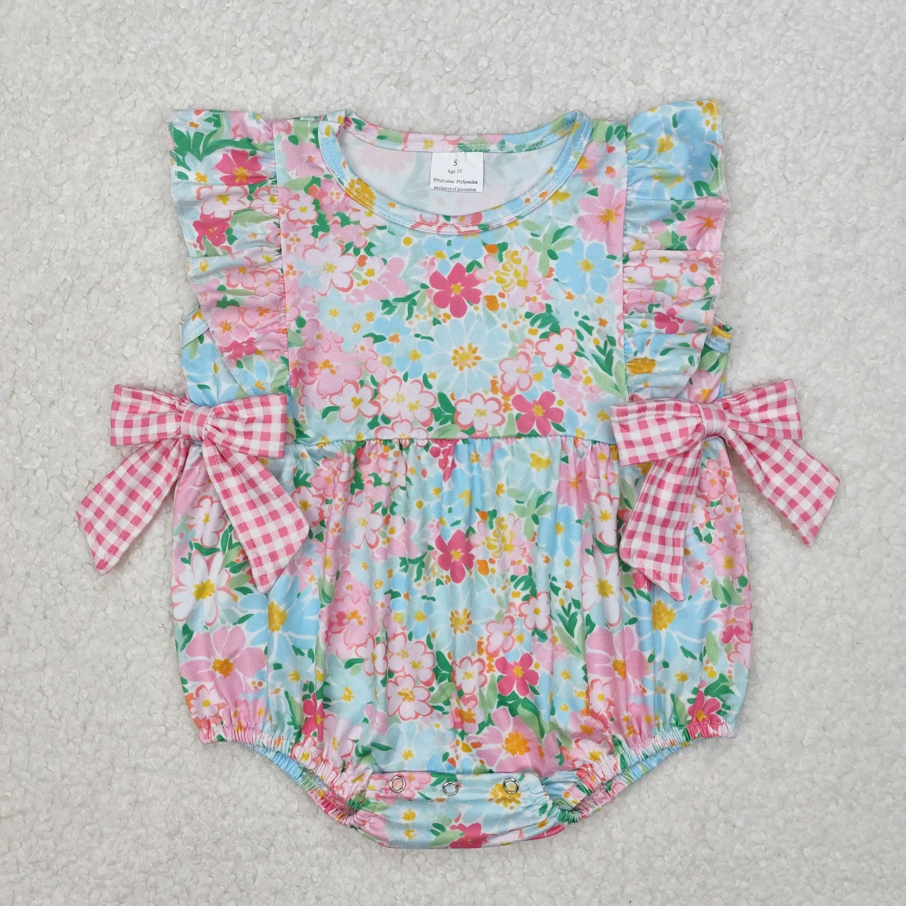 

high quality short sleeve pink floral bows bubble clothes Short sleeve baby rompers wholesale One-piece Newborn bodysuit