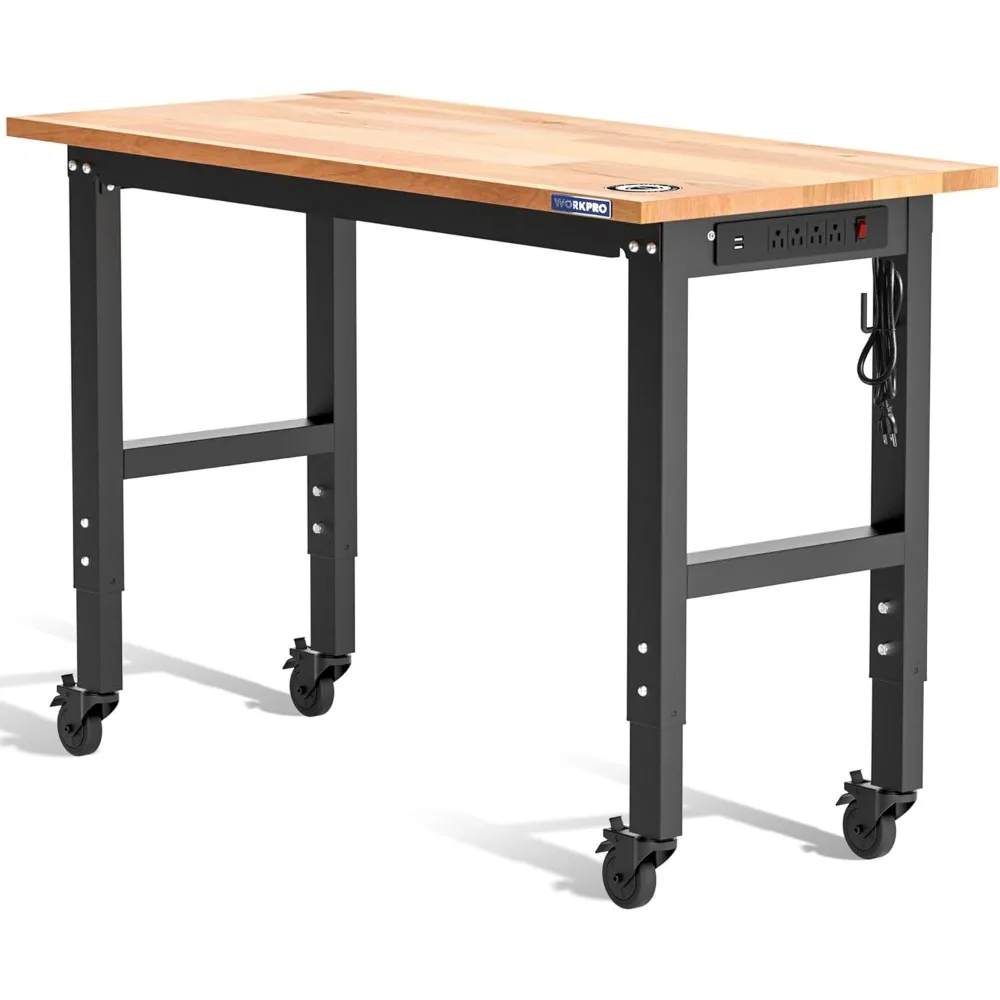 Garage Workbench, 48"X22" Adjustable Workbench with Wheels, Rubber Wood Top Heavy-Duty Workstation with Power Outlets