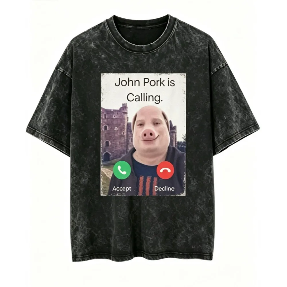 Vintage Washed T-Shirt John Pork Is Calling Men’s Women’s Oversized Short Sleeve Top Funny Printed Washed T-Shirt