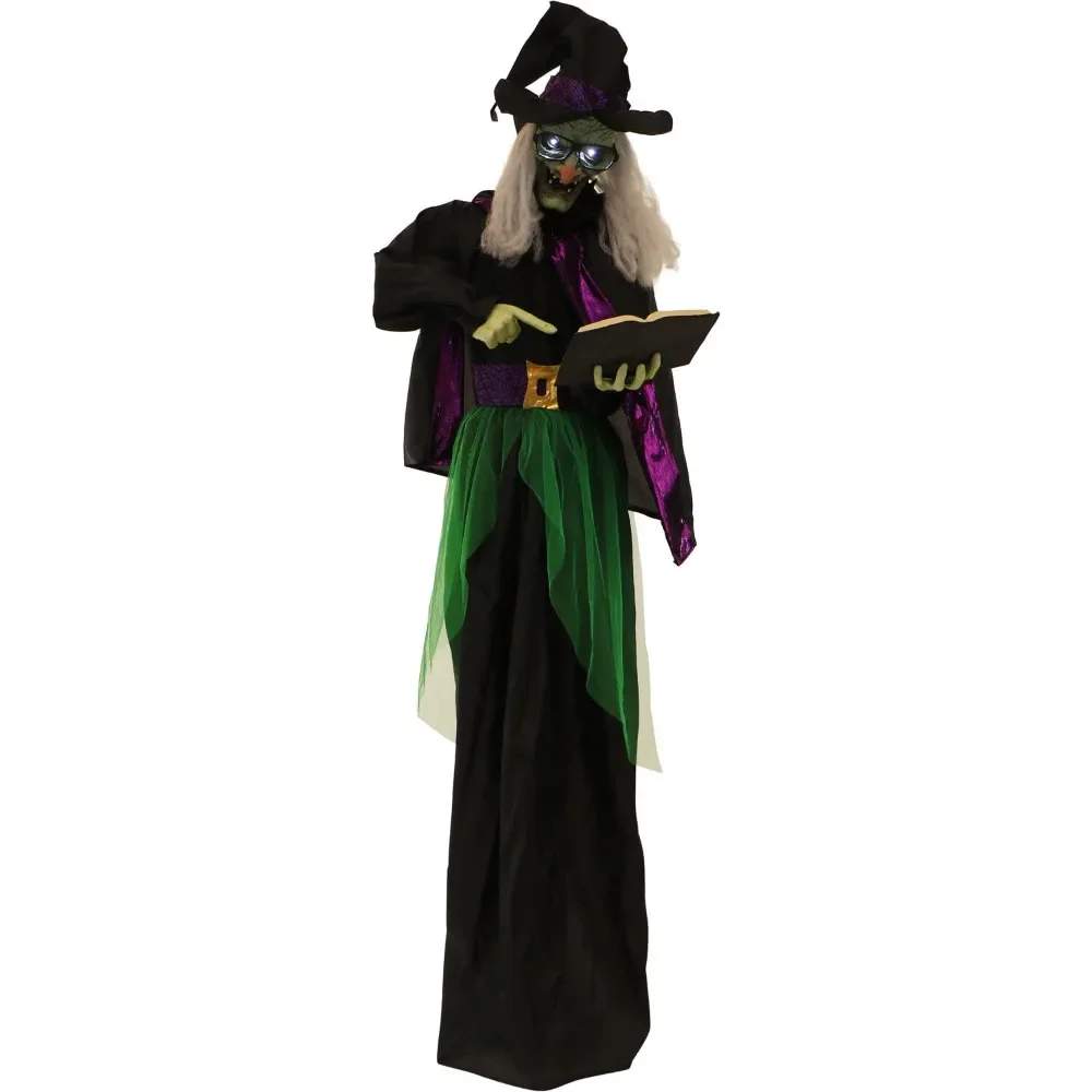 

Halloween Decoration Life-Size Scary Talking Witch Holding Spell Book, Halloween Animatronic with Touch Activated Lights Battery