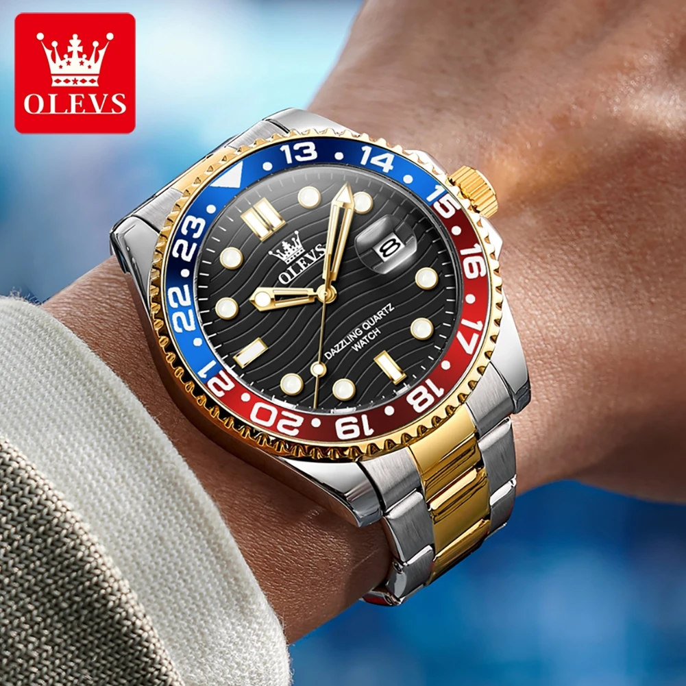OLEVS 3610 New Quartz Watch for Men Green Water Ghost Style Luxury Brand Original Stainless Stee Mens Wristwatch Auto Date Clock