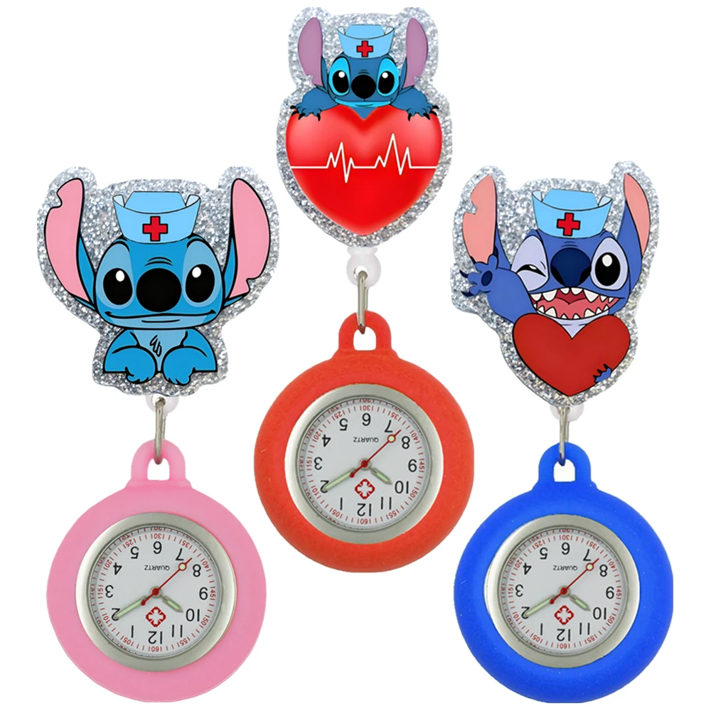 MINISO Cartoon Love Heart Lovely Stitch Nurse Doctor Hospital Medical Workers Clip Badge Reel Hang FOB Pocket Watches Clock Gift