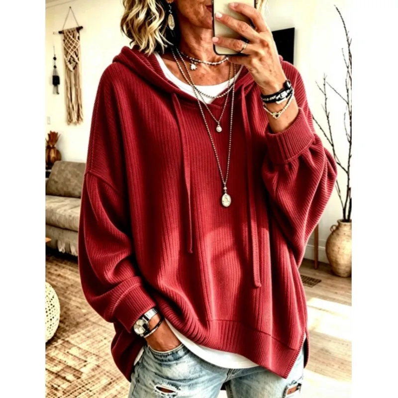 Women's Oversized Y2k Hoodie T-Shirt New Knitted Drawstring Hoodie Sweater Solid Color Loose Casual Outerwear Plus Size Tops New