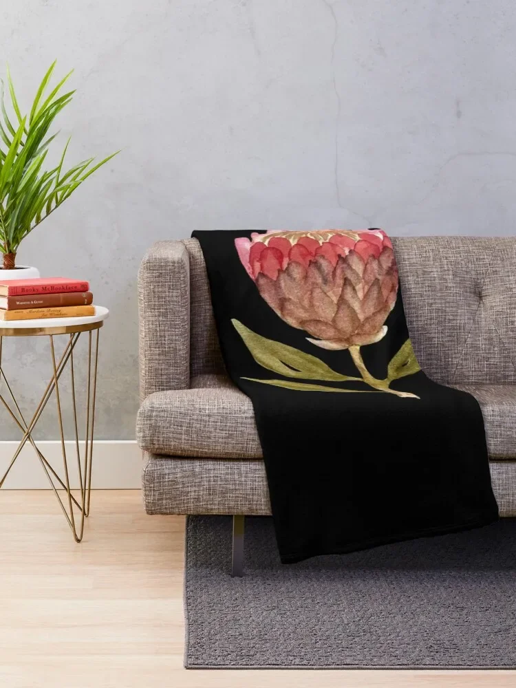 Watercolor protea illustration on black background Throw Blanket funny gift Hairys Blankets